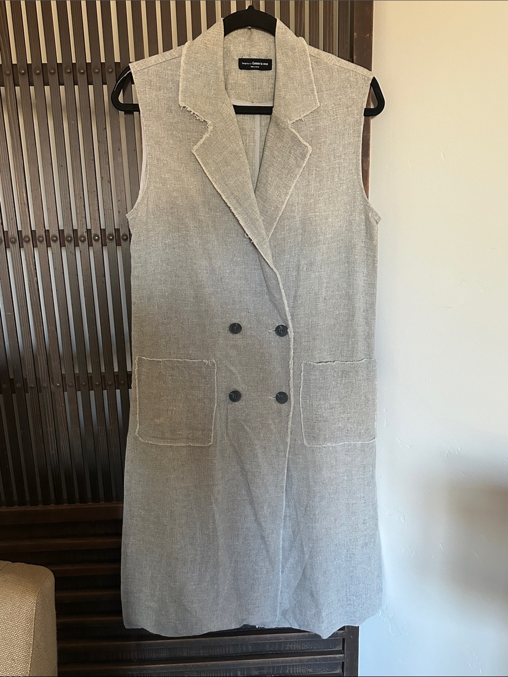 Comme Tu Veux Sleeveless Double-Breasted Linen Blend Dress/ Duster Neutral Gray